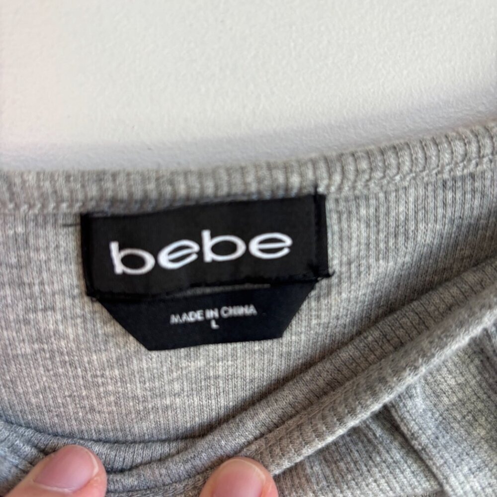 Bebe Mini Dress Gray Womens‎ Large Ruffle Off Shoulder Rhinestone Logo Ribbed - Picture 6 of 8